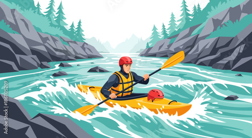 Man Kayaking Down a River Rapids 1.