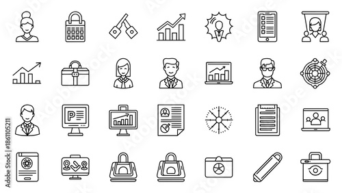 A collection of simple black and white line icons representing various business-related concepts and symbols