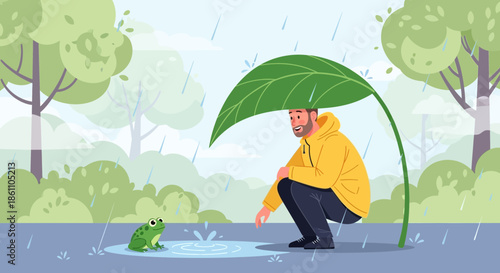 Man in Yellow Raincoat with Umbrella.