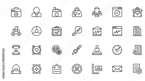 A collection of monochrome vector icons with various business, communication, and time-related symbols and graphics. Perfect for UI design