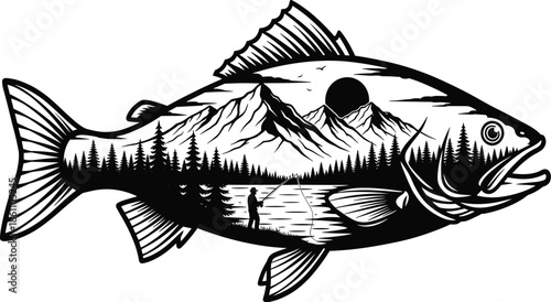 The image is a black and white illustration of a fish, with a landscape scene contained within its silhouette.