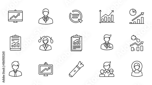 A collection of simple black and white line icons representing various business-related concepts such as graphs, people, and documents