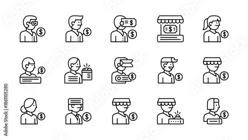 A collection of simple black and white line icons representing various business-related individuals. Each person displays a dollar symbol