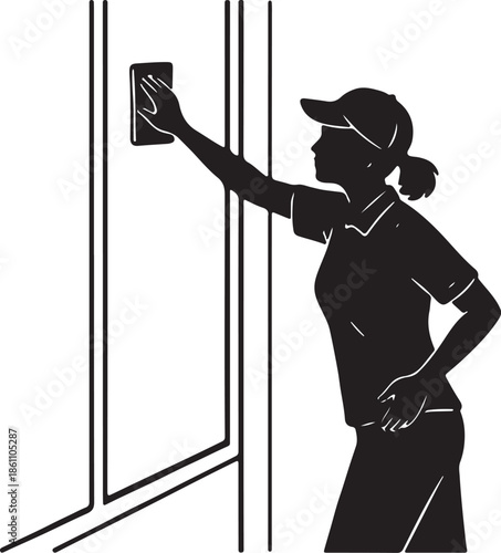 Black Silhouette of Woman Cleaning Window or Glass Surface Worker Icon