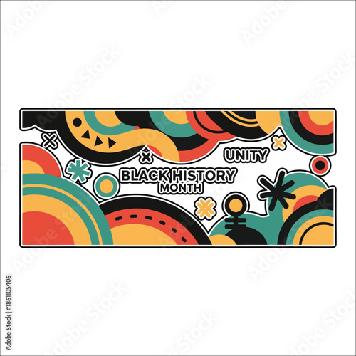 Title: Black History Month banner with colorful patterns and the words unity and black history month