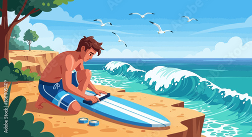 Man Preparing Surfboard on Beach Cliff.