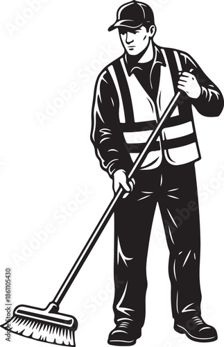 Street Sweeper Worker Sweeping Broom Woodcut Black and White Illustration