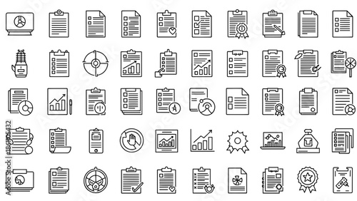 A collection of simple, black and white line drawings that depict various business and data-related items