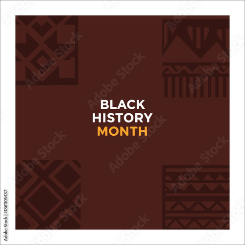 Title: Black History Month poster with geometric patterns and text in white and orange