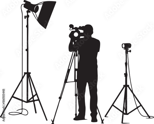 Video Camera Operator and Studio Lighting Silhouette Icon