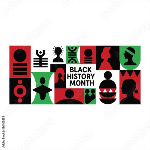 Title: Black History Month celebration with colorful geometric patterns and silhouettes of people