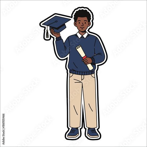 Title: Graduate holding a diploma and cap wearing a blue sweater and beige pants