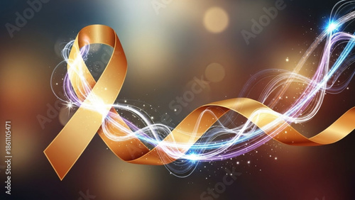 Golden ribbon flowing with light effects on dark background, elegant abstract design