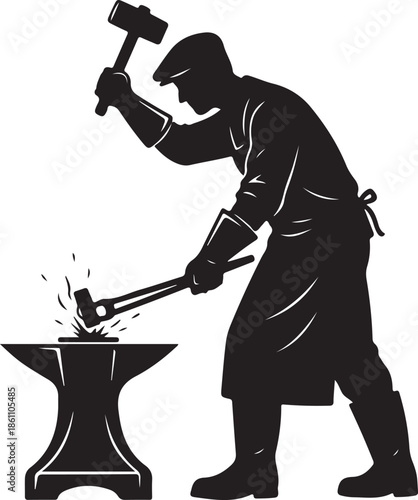 Silhouette of Blacksmith Striking Metal on Anvil with Hammer