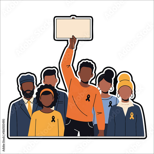 Title: Group of diverse individuals holding a blank sign with one person wearing an orange shirt