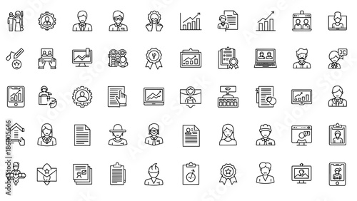 A collection of simple black and white line drawings. There are icons of people, charts, documents, and tech devices