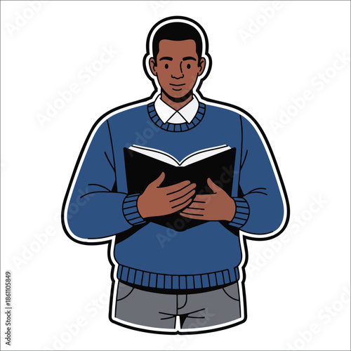 Title: A man in a blue sweater and white collar reading a book with a focused expression