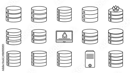 A collection of simple black and white line art illustrations of data storage, servers, and a laptop with a padlock icon on its screen