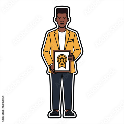 Title: A man in a yellow jacket holding a framed with a star and ribbon on it black