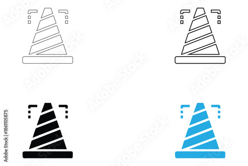 construction cone icon vector set, construction barrier symbol vector, silhouette and line art