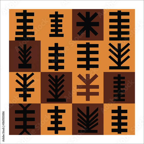 Title: A pattern of abstract geometric shapes in shades of brown and orange on a grid