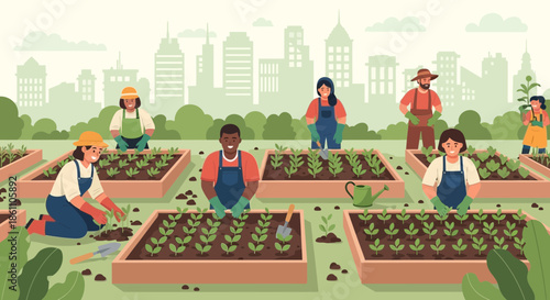 People Gardening Together in Community Garden.
