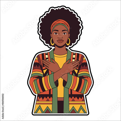 Title: A woman with an afro hairstyle wearing a colorful patterned outfit with crossed arms and