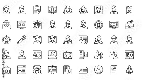 A collection of simple, black and white line icons on a white background, representing various concepts