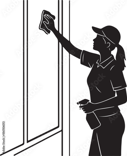 Professional cleaning service silhouette: Woman washing window with spray bottle