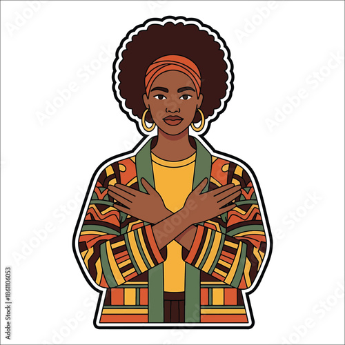 Title: A woman with an afro hairstyle wearing a colorful patterned outfit with crossed arms and