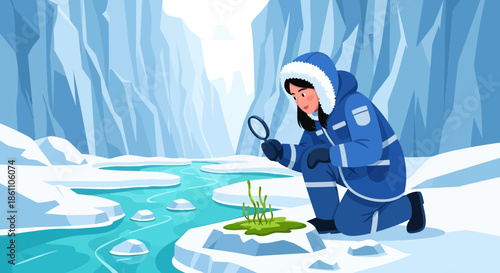 Scientist Examining Arctic Plant Life with Magnifying Glass.