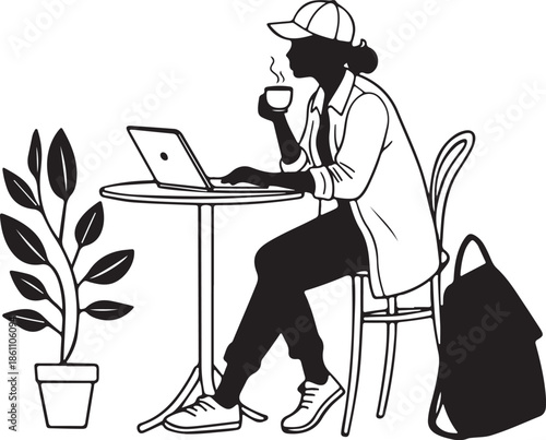 Digital nomad concept: Woman working on computer and drinking coffee line art.