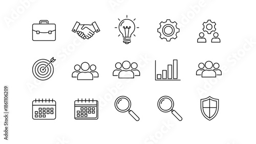 A collection of simple black and white line art icons depicting various concepts related to work, planning, and teamwork