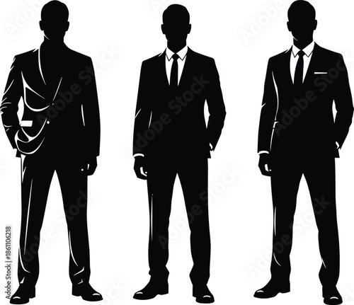 Professional business men in formal suits standing silhouette style, corporate identity concept, leadership teamwork fashion illustration for stock photography