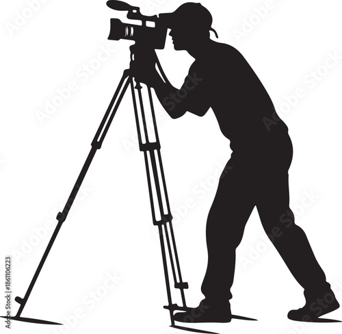 Cameraman Filming with Professional Video Camera on Tripod Silhouette Isolated Vector