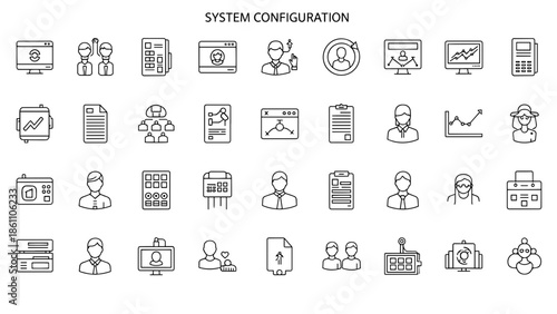 A collection of simple black and white line art icons depicting various business and technical elements in a grid