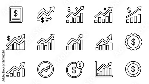 A collection of simple black and white line art illustrations of financial growth and profit in the form of graphs, charts, and currency symbols