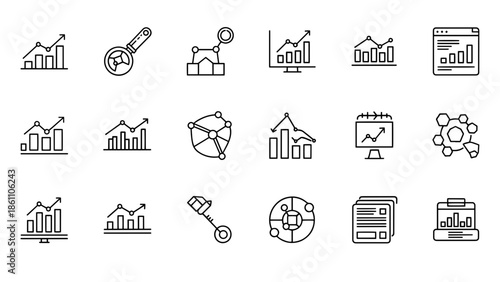 A collection of simple, black and white line art icons depicting various data visualization concepts, showing trends and analysis