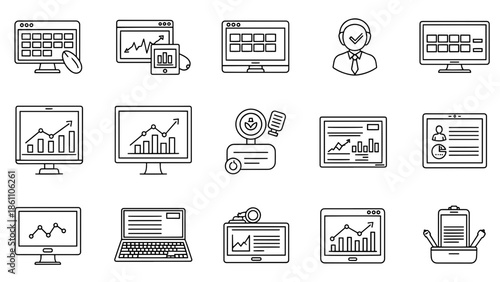 A collection of simple black and white line art icons depicting various business and technology-related symbols and visualizations