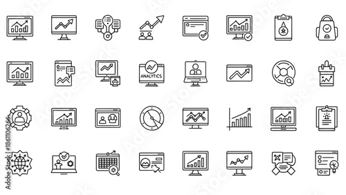 A collection of simple black and white line art icons depicting various data analysis and business related concepts. Icons feature charts, graphs, and computer screens