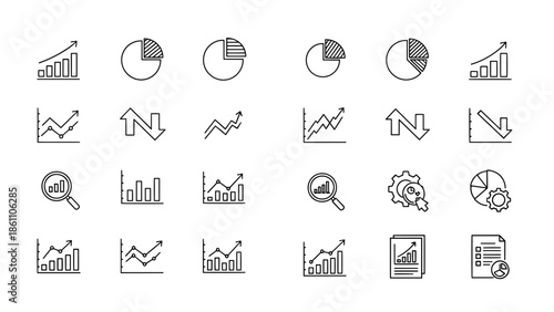 A collection of simple black and white line art icons depicting various charts and graphs. Perfect for business presentations, analysis