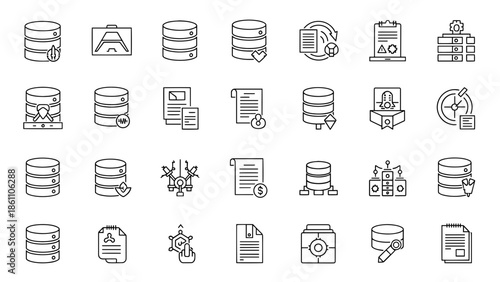 A collection of simple black and white line art icons depicting various data-related concepts and symbols, suitable for digital use