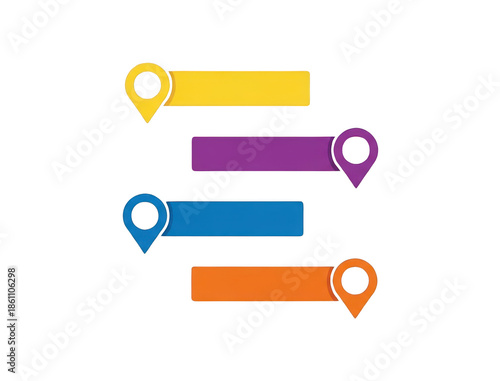 Infographic template set with colorful horizontal ribbons and map pointers on transparent background