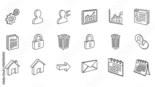 A collection of simple black and white isometric illustrations depicting various common icons, including settings, people, data analysis, documents