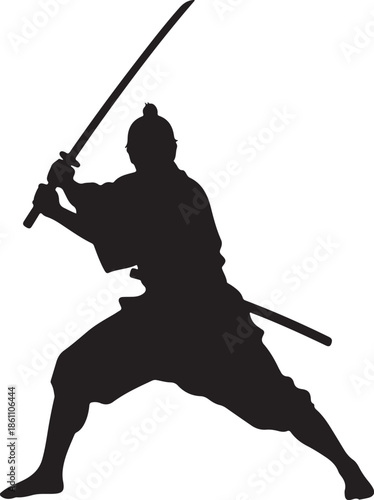Samurai warrior silhouette holding Katana sword in fighting stance on white background.