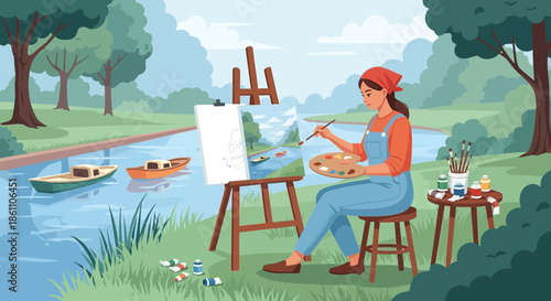 Woman Painting on Canvas by Riverbank.