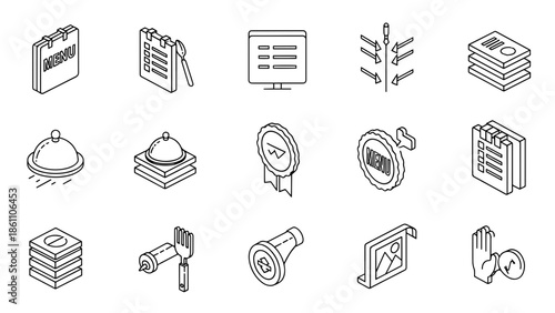 A collection of simple black and white isometric illustrations depicting various concepts such as menus, food service, and media