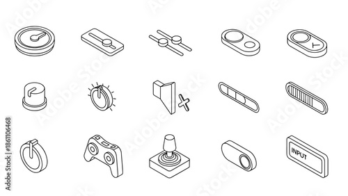 A collection of simple black and white isometric illustrations depicting various electronic controls and components. These include sliders, buttons, and switches