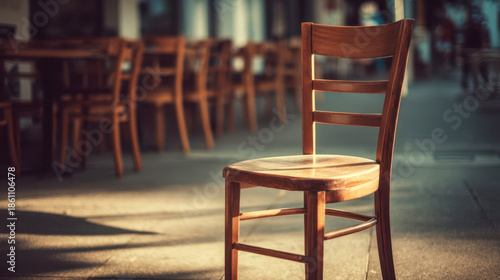 A lone wooden chair illuminated by soft sunlight in an empty cafe interior, creating a quiet atmosphere and minimalist decor