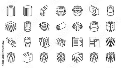 A collection of simple black and white isometric illustrations depicting various geometric shapes, forms, and objects. The design is clean and minimalistic